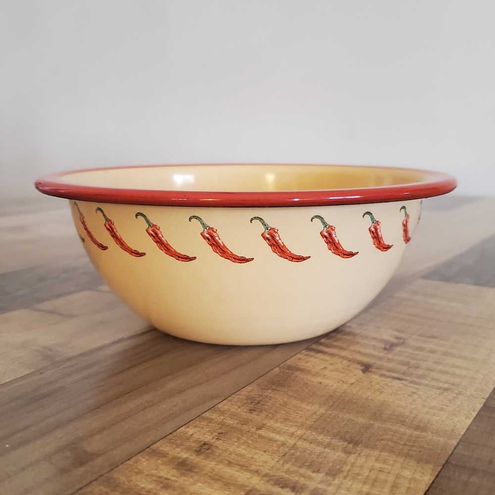 Vintage Marble Canyon red and cream enamelware chili pepper soup cereal bowl